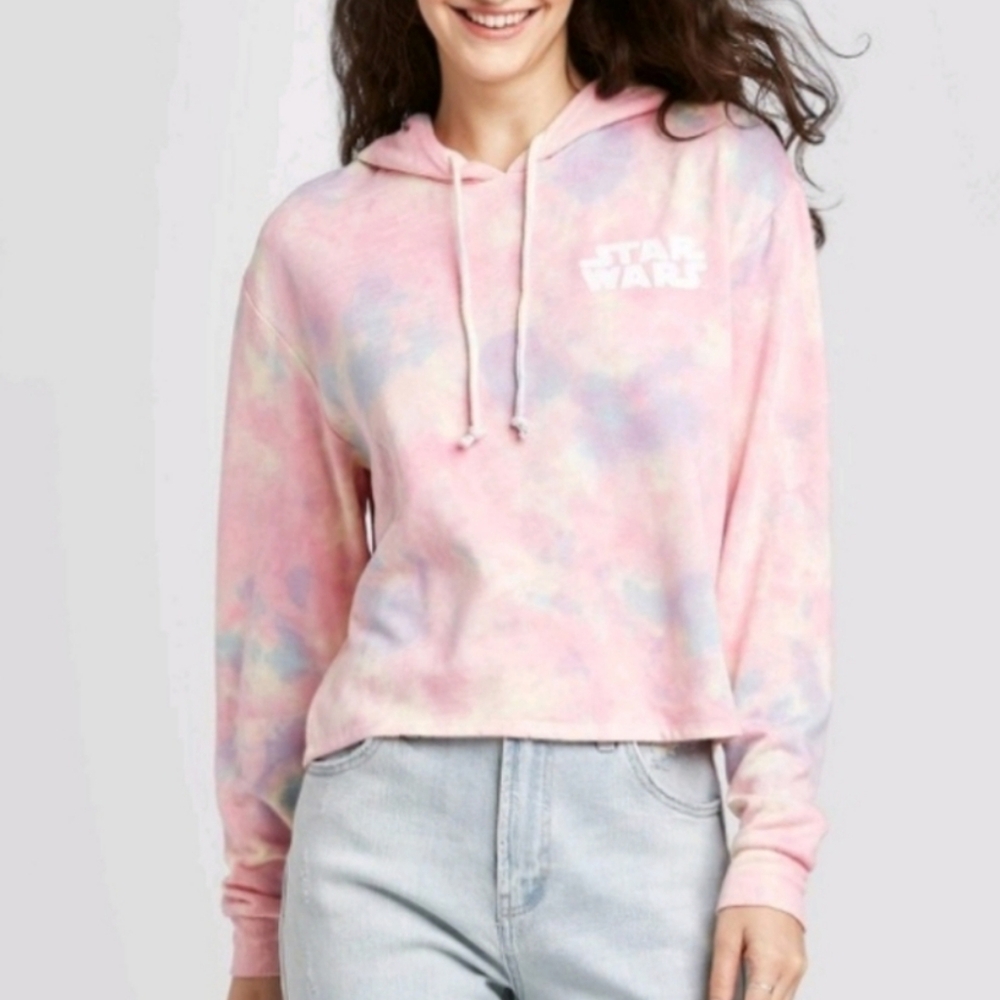 Star Wars Women's Pink Semi-Crop Tie-Dye Pullover Hoodie Size Small/Medium EUC - Picture 5 of 15